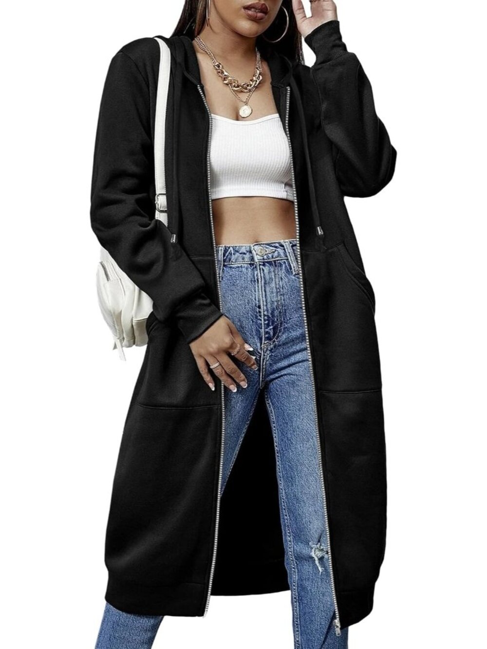 〽️Women's Black Casual Zip Up Fleece Tunic Oversized Pocket Long Hoodie Jacket